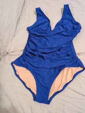 J Crew Ruched V-neck One-piece Swimsuit Size 12 Blue Slimming Plunge Bathing EUC